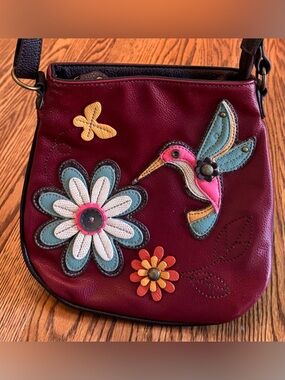 Chala Burgundy Crossbody with Floral & Hummingbird Appliqués